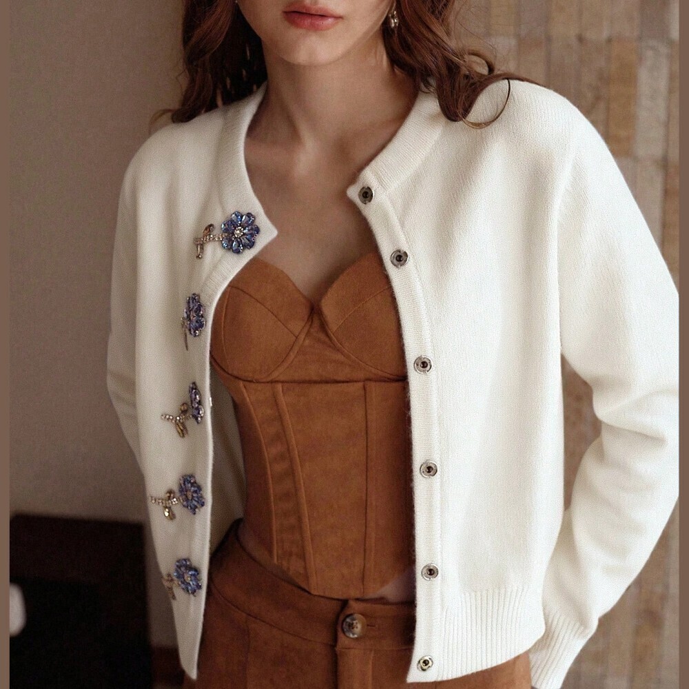 White Knit Cardigan with Jeweled Floral Button Trim